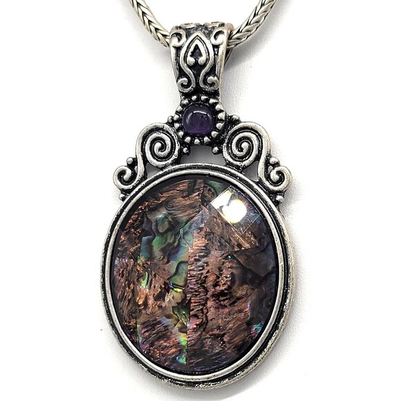 Kenneth Cole Abalone Shell Necklace Earrings Set Silver Tone Metal Swirl Ornate - Picture 7 of 17